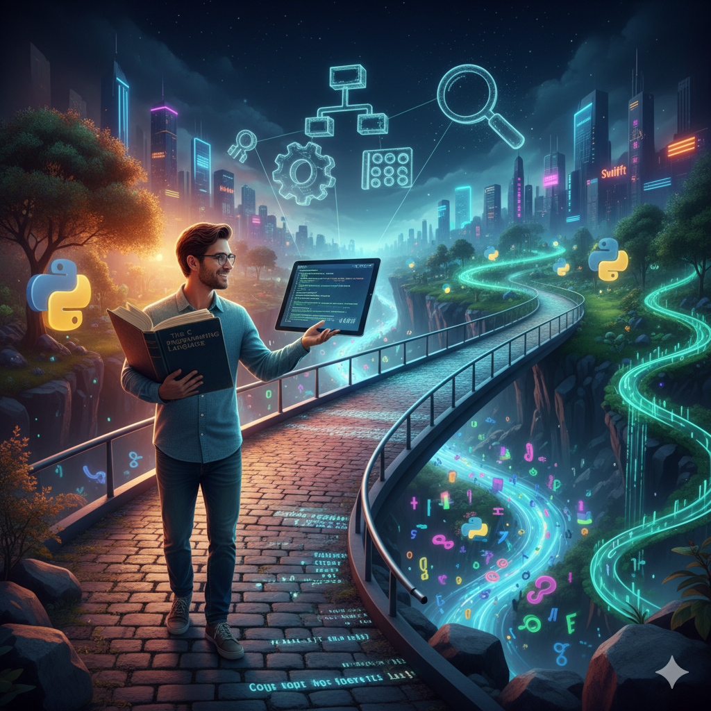 man holds a C programming book and a tablet displaying code, standing on a path made of code symbols leading to a modern city. Rivers of glowing code symbols flow through the landscape, with Python and Swift logos visible.